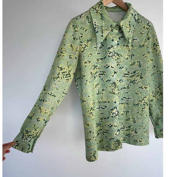 Vintage 70s Dagger Collar Green Snakeskin Disco Shirt / Sz L/XL / Retro Handmade - Picture 7 of 9